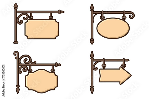 Vintage signboard set. Blank hanging street signs with wrought iron bracket. Retro medieval empty frame and arrow for message. Old shop, pub or tavern nameplate mockup.