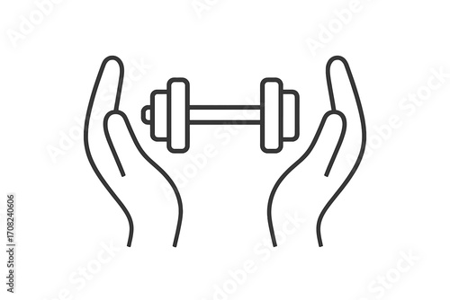Hands supporting dumbbell line icon. Fitness, gym, workout concept. Vector graphic for sport, exercise, strength, bodybuilding. Health care, wellness and active lifestyle logo.