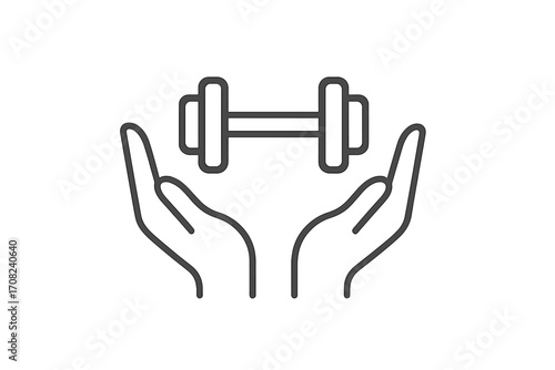 Dumbbell in hands line icon. Fitness, gym, and health care concept. Strength training and workout symbol. Personal trainer support vector illustration. Healthy lifestyle logo.