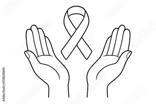 Breast Cancer Awareness month concept. Pink ribbon symbol in open hands. Charity and donation for hope and support. Medical health care line art vector illustration.
