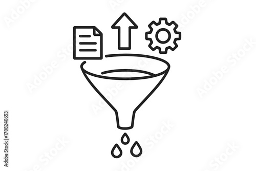 Data processing and filtering concept with funnel icon. Vector for lead generation, sales conversion, and marketing workflow. Line art for data analysis and optimization.