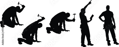 Construction worker silhouettes, manual labor poses, black figures, tool usage, hammer action, clipboard holding, industrial icons, vector illustration, job site, tradesperson, kneeling worker