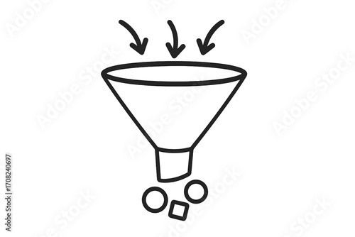Marketing sales funnel concept for lead conversion. Data filtering and processing icon. Input to output transformation for business analysis and strategy. Simplification process.