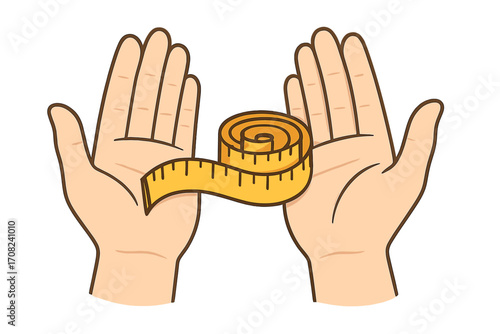 Hands holding measuring tape. Measurement for tailor, sewing, craft. Body size, waist dimension tool for diet, weight loss, fitness. Health and lifestyle concept vector icon.