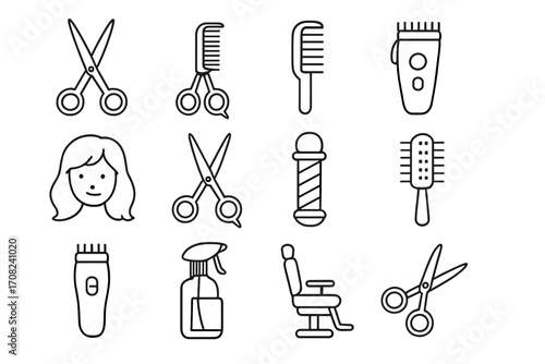 Haircut and Barber Line Icons Set, Scissors Comb Electric Clipper Spray Bottle Barber Chair Hairdressing Tools Vector Outline Symbols for Salon, Beauty, Hair Care Design