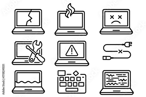 Set of laptop repair icons, broken device symbols, computer maintenance outline signs, tech support vector, hardware troubleshooting and error alerts for apps and web design