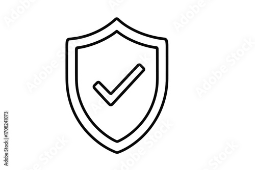 Minimalistic shield icon with checkmark, security protection symbol, verified badge, safety emblem, guarantee sign for web, graphic design, apps, banners, social media, vector illustration