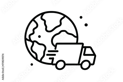 Global delivery service icon with truck and planet earth. Worldwide shipping and logistics concept. International freight transportation vector illustration. Fast delivery symbol.