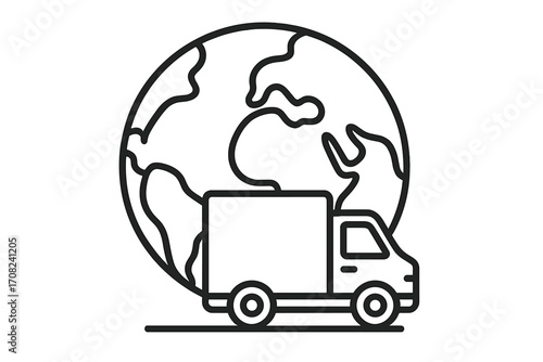 Global delivery service icon for worldwide shipping and international logistics. Planet Earth with a cargo truck. Freight and transport business concept. Vector outline symbol.