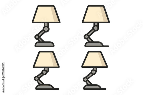Modern adjustable desk lamp icon set, vector cartoon illustration of four identical adjustable reading lamps with beige shades and gray articulated arms, clean transparent background