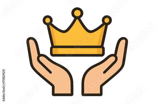 Symbol of golden crown held by open hands, protection and care concept, royal power and leadership, vector cartoon illustration, transparent background, success and achievement design