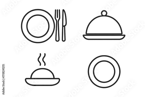Food line icon set. Plate with cutlery, serving cloche and hot meal icons. Restaurant, dining and kitchen concept. Vector pictograms for menu, web, apps and cooking