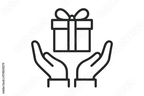 Gift in open hands icon. Concept of giving, donation, charity. Metaphor for support, care, help. Bonus or reward symbol. Present offer pictogram for web, app design. Vector.