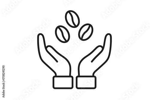 Hands holding roasted coffee beans. Minimal line icon. Fair trade coffee concept. Agriculture, harvest, quality. Cafe, barista, beverage, caffeine. Vector logo symbol design.