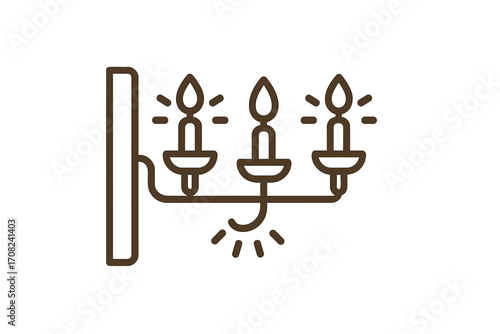 Stylish vintage wall-mounted candle holder icon with three lit candles, classic retro lighting fixture vector illustration for graphic design, apps, adverts, cards, transparent background