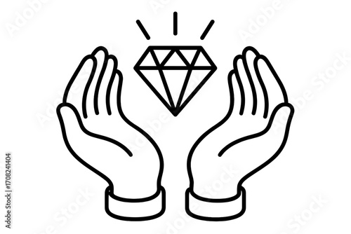 Thin icon of hands holding a shining diamond, precious gemstone, luxury concept, clean line art, jewelry design, valuable treasure, minimal vector illustration