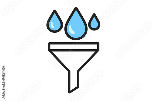 Water filter icon symbol with blue water drops, clean water concept, liquid purification, water filtration technology illustration, vector cartoon design