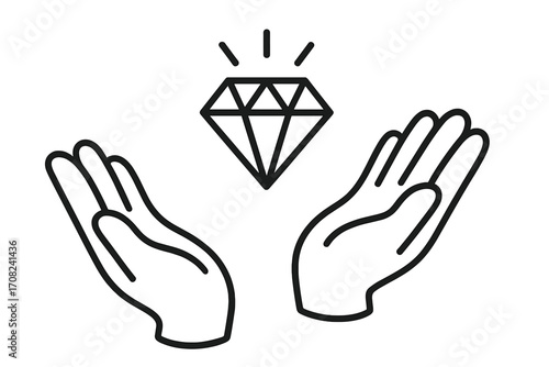 Thin line icon of hands holding a shining diamond, luxury gem symbol, valuable precious stone, wealth concept illustration, vector cartoon transparent background