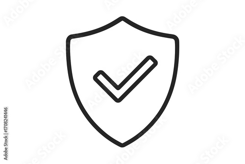 Security shield with check mark. Vector line icon for protection and safety. Verified and approved badge concept. Guarantee, data privacy, antivirus, and quality control symbol.