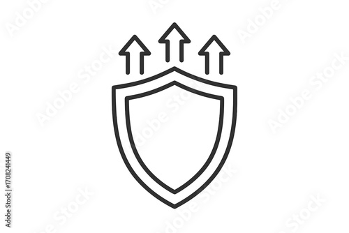 Virus protection shield outline icon, antivirus security concept design with shield and upward arrows, digital protection, web and app graphic, vector illustration transparent background