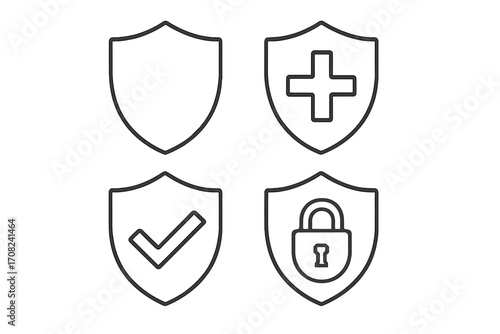 Security shield icon set. Vector line art for safety, protection, and insurance concepts. Includes padlock for privacy, checkmark for approval, and medical health cross.