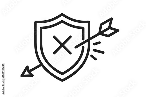 Virus in computer minimalistic symbol with shield and arrow, cybersecurity threat concept, digital attack icon for web, graphic design, apps, banners, social network, vector illustration