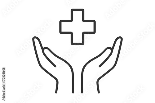 Medical cross symbol with open hands icon, simple thin line vector illustration, healthcare care support, medical help sign for web, apps, cards, books, transparent background