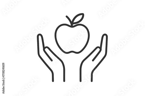 Hands holding apple icon. Concept of health, nutrition, diet and wellness. Healthy food symbol. Giving, care and support metaphor. Vector line art for logo, web, app.
