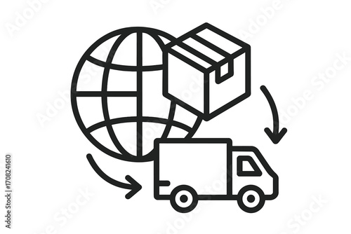 Global delivery service line icon with package and truck. Worldwide shipping concept, logistics vector illustration for graphic design, apps, adverts, and business cards. Transparent background