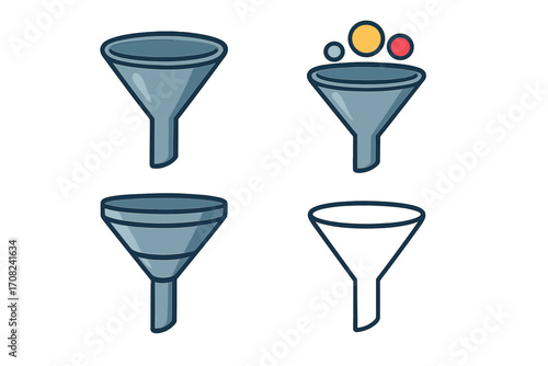 Vector funnel icon set for marketing and sales conversion. Lead generation and data filtering concept. Web and app graphics. Customer journey process cartoon illustration.