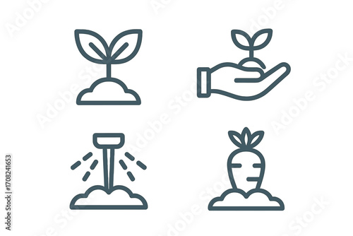 Gardening and agriculture linear icons set. Plant growth concept. Sprout, hand holding seedling, sprinkler watering soil, and carrot harvest. Organic farming vector symbols.