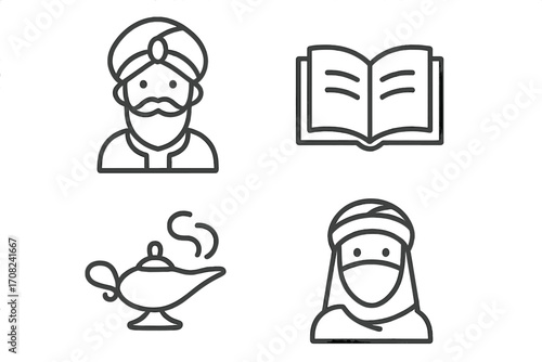Arabian nights icon set. Vector line art of magic lamp, genie, sultan, and Muslim woman. Islamic culture symbols for Ramadan. Middle East story and tradition concepts.