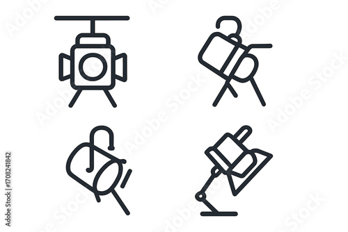 Studio light line icon set. Spotlight, projector, and film lighting equipment icons. Vector outline pictograms for photography, cinema, theater, show, and graphic design.