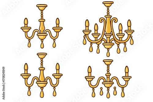 Set of four vintage gold chandelier icons. Classic luxury lamp collection for interior design. Elegant antique light fixture vector cartoon illustration on white background.
