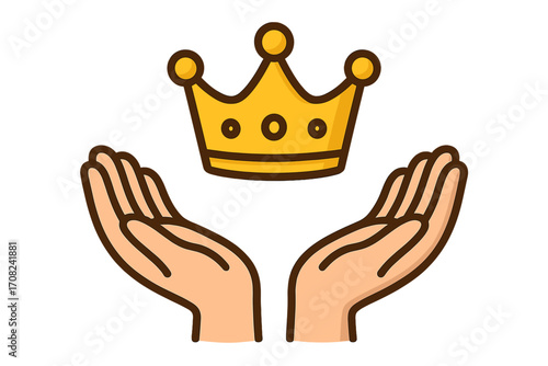 Hands holding a crown symbol of power, leadership, royalty. Concept of success, achievement, wealth, ambition, responsibility. Vector logo for king, queen, winner, prize.