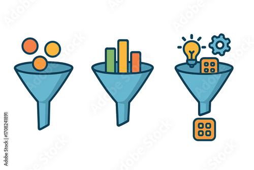 Sales funnel infographic. Business conversion process concept. Marketing lead generation and data analysis. Vector icon set for filtering data from raw input to a final product.