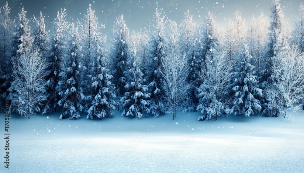 Fototapeta premium Enchanting Winter Wonderland with Snow-Covered Trees and a Tranquil, Serene Forest Landscape