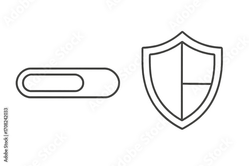Security toggle switch and shield icon. Privacy, protection concept. On off button. Vector line art for vpn, firewall, secure data. Activate and deactivate safety symbol.