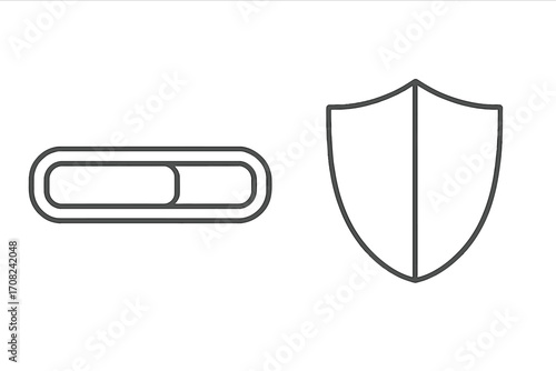 Security settings icon with shield and slider. Privacy control toggle for protection and safety. Activate defense symbol. On and off switch for data security. Vector line art.