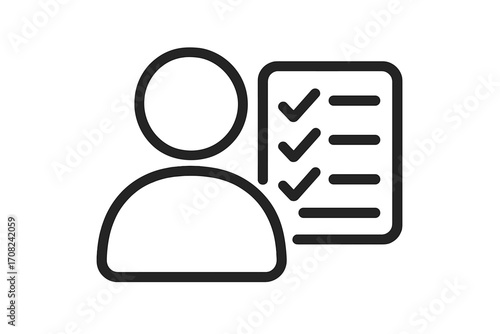 User profile task management icon. Person with checklist. Survey, poll or questionnaire concept. Employee evaluation or candidate skills. To-do list symbol. Approved report.