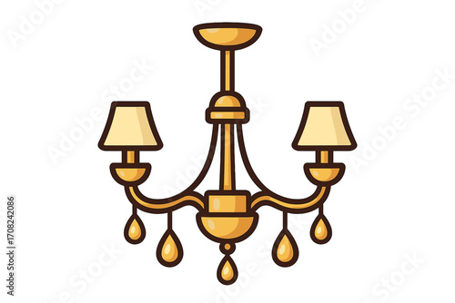 Classic gold chandelier icon for luxury interior design. Elegant vintage ceiling lamp vector illustration. Home decor lighting fixture symbol for web and graphic concepts.