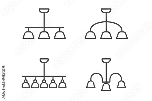 Chandelier icon set. Ceiling lamp and light fixture collection. Minimalistic thin line art vector for graphic design. Modern home decor and interior design lighting symbol.