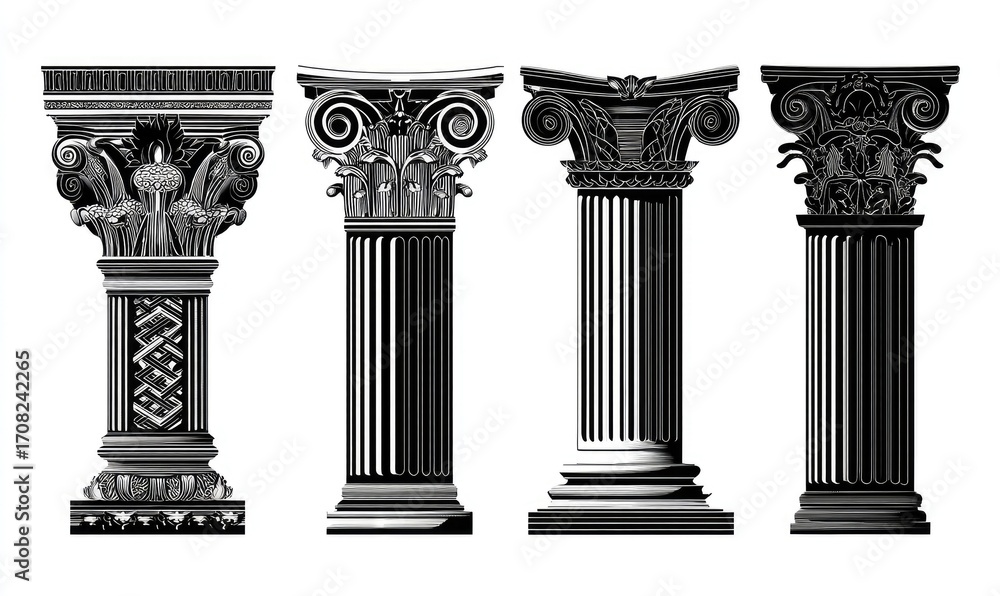 Obraz premium Four antique column designs. Black and white illustration of classic architectural pillars with intricate capitals and bases. Different styles of ornamentation are clearly displayed