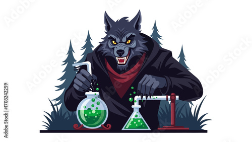 Werewolf Scientist: A stylized image portrays a menacing werewolf meticulously conducting a chemistry experiment. Combining the mystical with the scientific, this illustration creates a unique fusion.