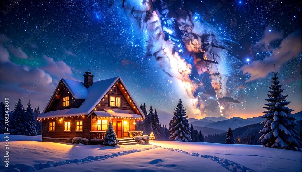 Naklejka premium Cozy snowy cabin, starry night
