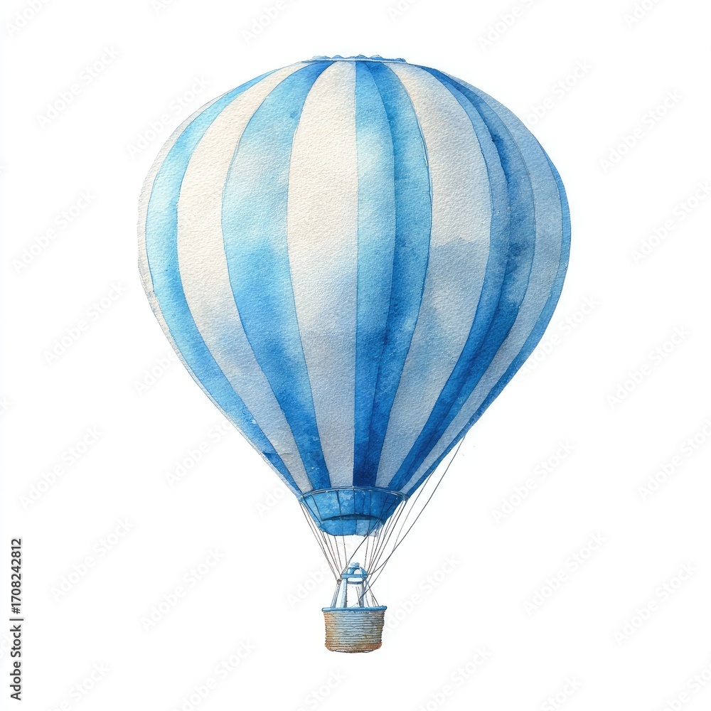 Obraz premium Watercolor hot air balloon, light blue and white stripes (1)