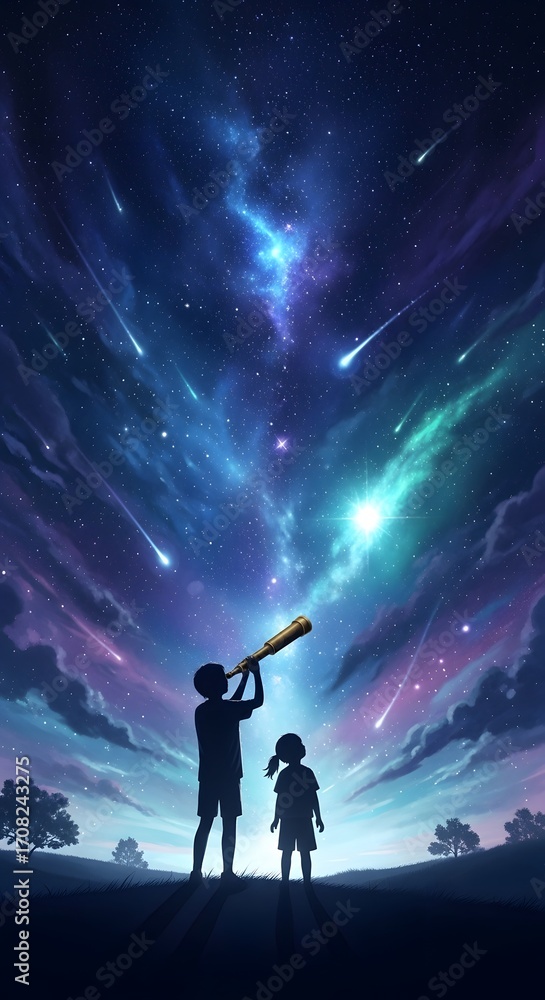 Fototapeta premium Two joyful children celebrate with vibrant, colorful balloons against a clear blue sky, symbolizing happiness, freedom, and the lightness of childhood dreams and aspirations