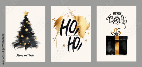 Merry Christmas and Happy New Year Watercolor. Set of vector illustrations for background, greeting card, party invitation card, website banner, social media banner, marketing material.