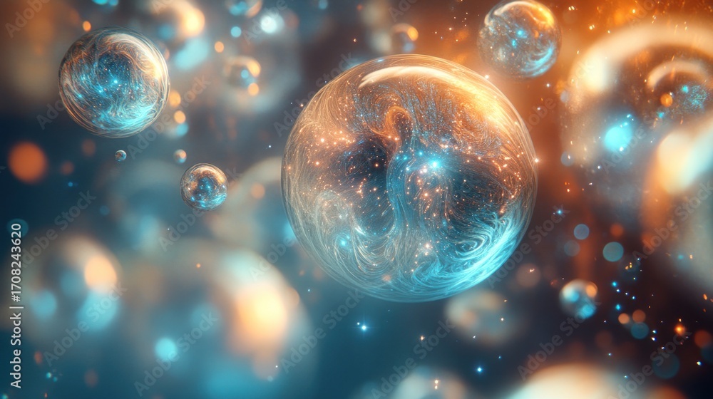 Naklejka premium Abstract spheres of teal and amber, swirling patterns