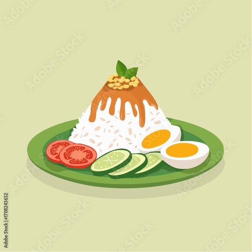 Delicious Nasi Lemak illustration, a vibrant Malaysian cuisine dish with rice and fresh vegetables